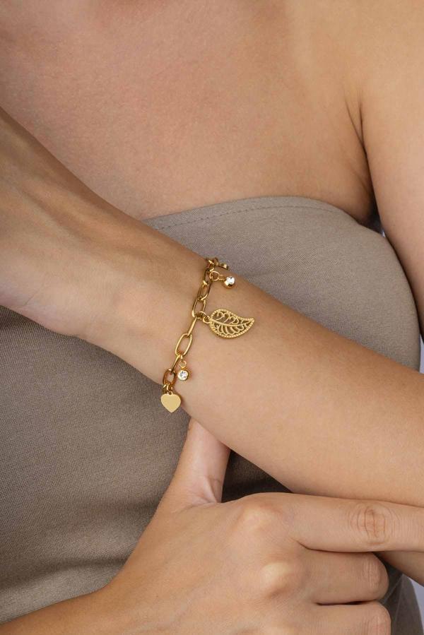 Gümüş Pazarım Yaprak Kalp Figürlü Altın Kaplama Çelik Kadın Bileklik - Image 1