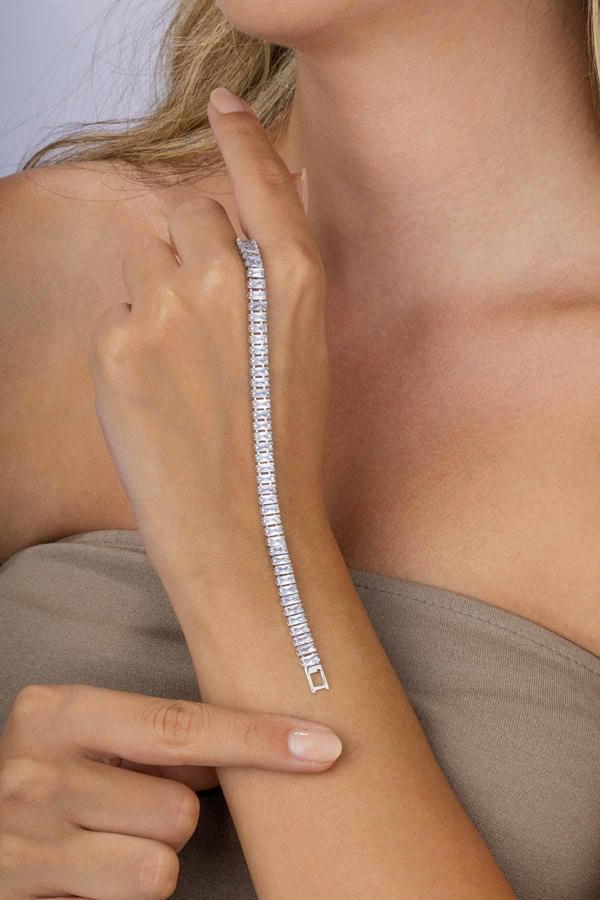 Gümüş Pazarım Dikdörtgen Kesim Baget Taşlı Beyaz Altın Kaplama Çelik Kadın Su Yolu Bileklik - Image 1