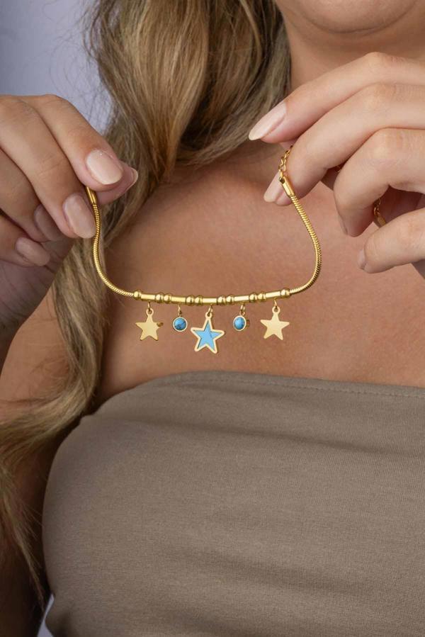 Gümüş Pazarım Firuze Taşlı Yıldız Figürlü Altın Kaplama Çelik Kadın Charm Bileklik - Image 1