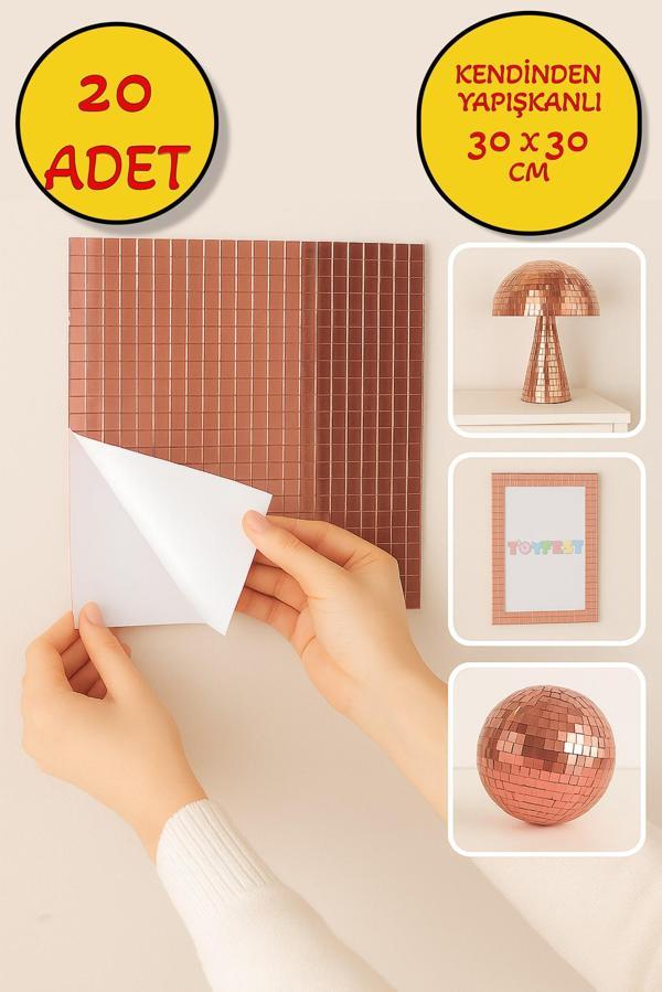 20’li Kendinden Yapışkanlı Rose Ayna Mozaik Disco Sticker Duvar Çerçeve Eşya Dekoratif Kaplama30x30 - Image 1