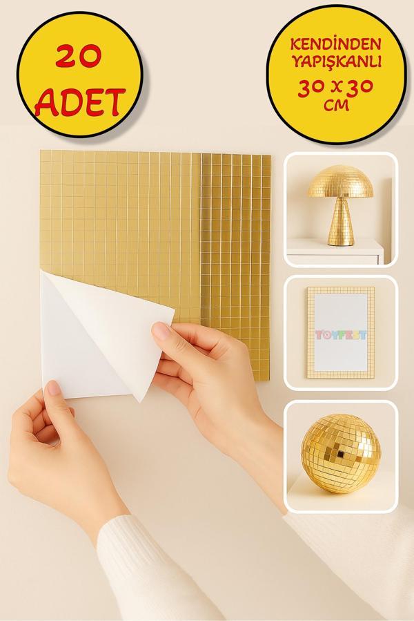 20’li Kendinden Yapışkanlı Gold Ayna Mozaik Disco Sticker Duvar Çerçeve Eşya Dekoratif Kaplama30x30 - Image 1