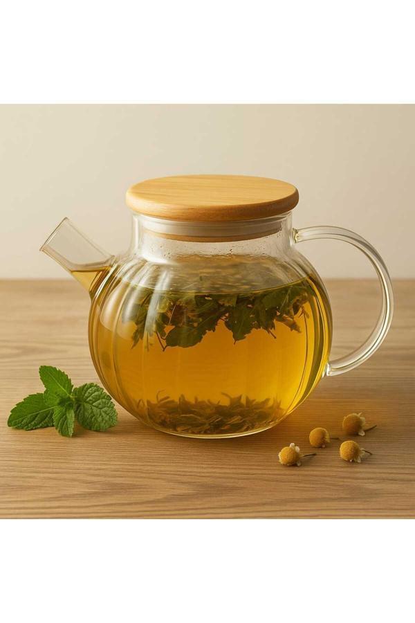 Dekorasyaa Isıya Dayanıklı Süzgeçli Cam Bambu Demlik 1000Ml - Image 1