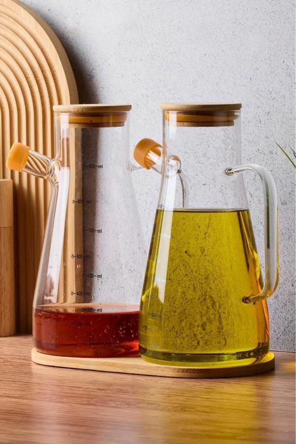 Dekorasyaa 2'Li Cam Bambu Kapaklı Tepsili Yağdanlık 900Ml - Image 1