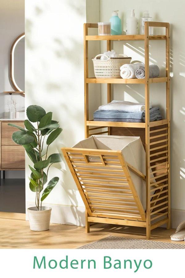 Dekorasyaa Bambu 3 Katlı Çok Amaçlı Banyo Düzenleyici Çamaşır Sepeti Organizer - Gri - Image 1