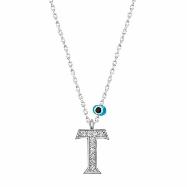 925 Ayar Gümüş Nazar Rodyum T Harfi Kadın Gümüş Kolye - Image 1