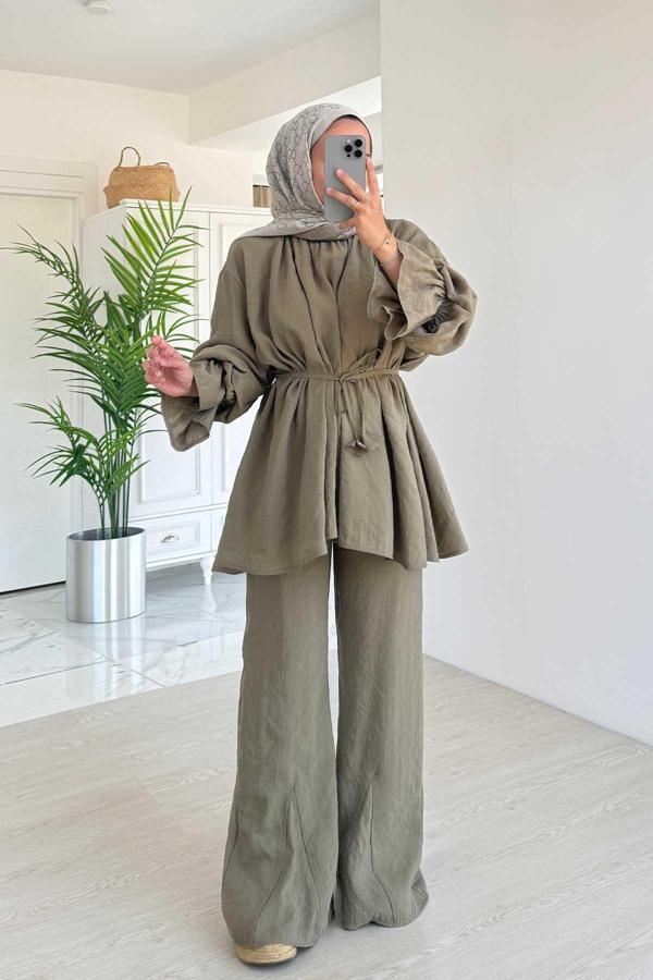 Belden Bağlamalı Rahat Kesim Takım - Haki - Image 1