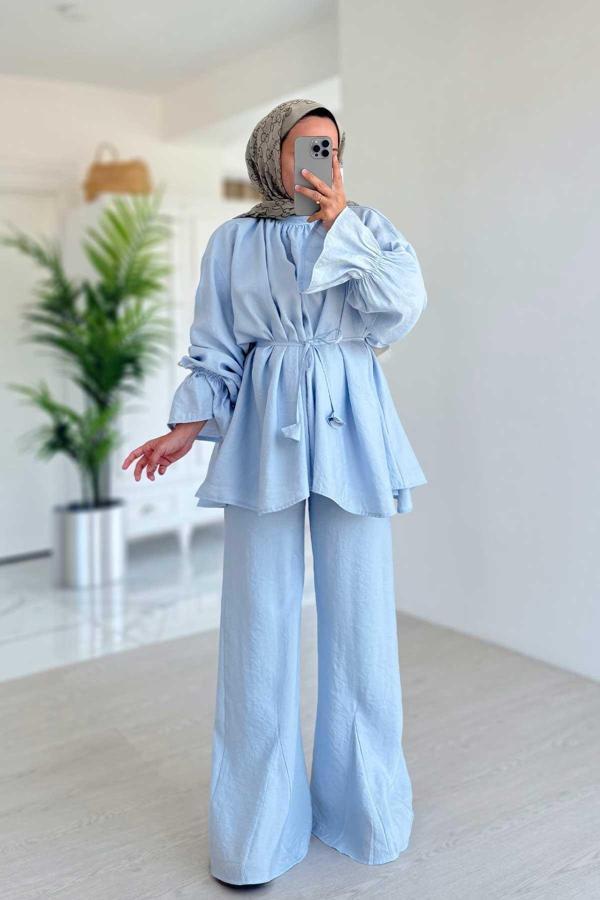 Belden Bağlamalı Rahat Kesim Takım - Mavi - Image 1