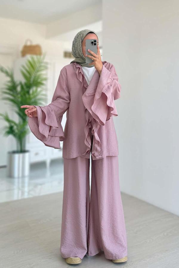 Fırfır Detaylı Volan Kollu Takım - Pembe - Image 1