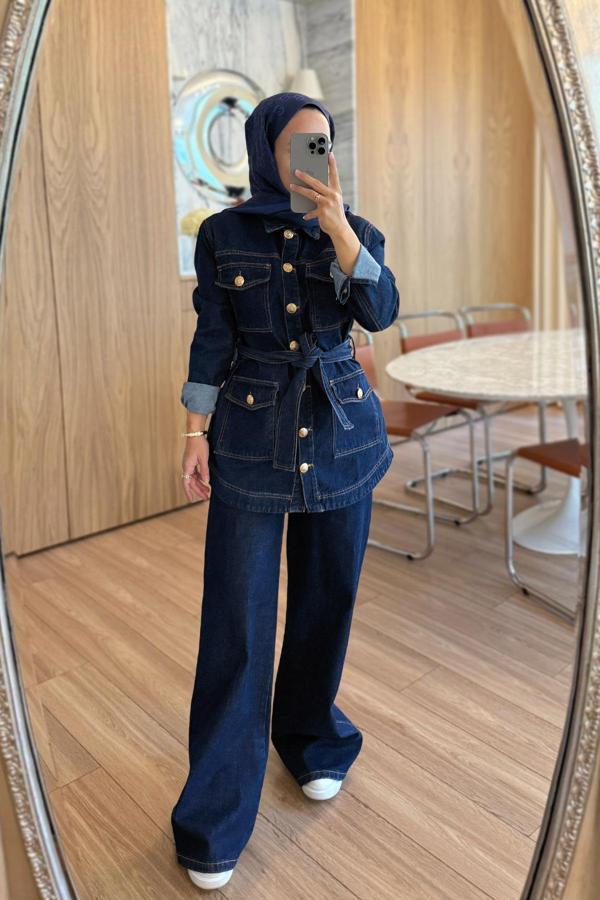 Kemerli Kot Takım - Lacivert - Image 1