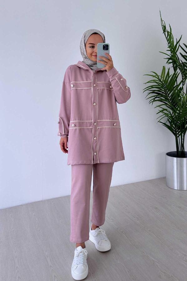 Biyeli Düğme Detay İki İplik Takım - Pembe - Image 1