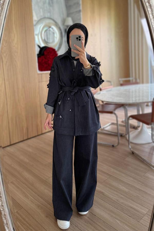 3 Boyutlu Çiçek Detay Kot Takım - Lacivert - Image 1