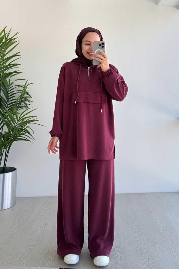Önü Taşlı Oysh Kumaş İkili Takım - Bordo - Image 1