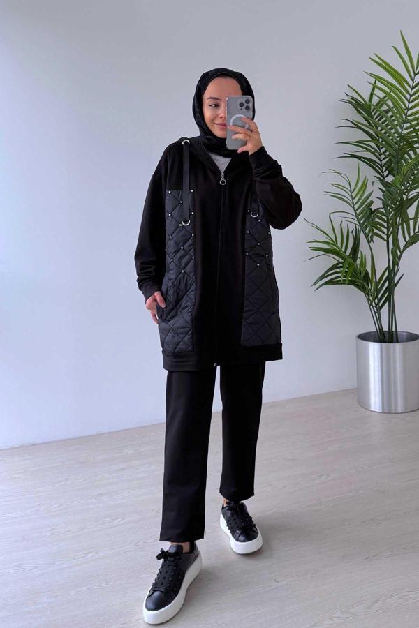 Taş Detaylı Kapitone İki İplik Takım - Siyah - Image 1