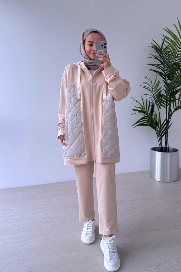 Taş Detaylı Kapitone İki İplik Takım - Bej - Image 1