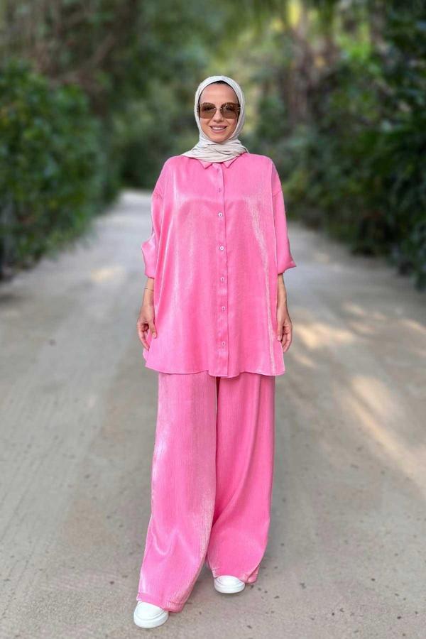 Parlak Dokulu Bol Kesim İkili Takım - Pembe - Image 1