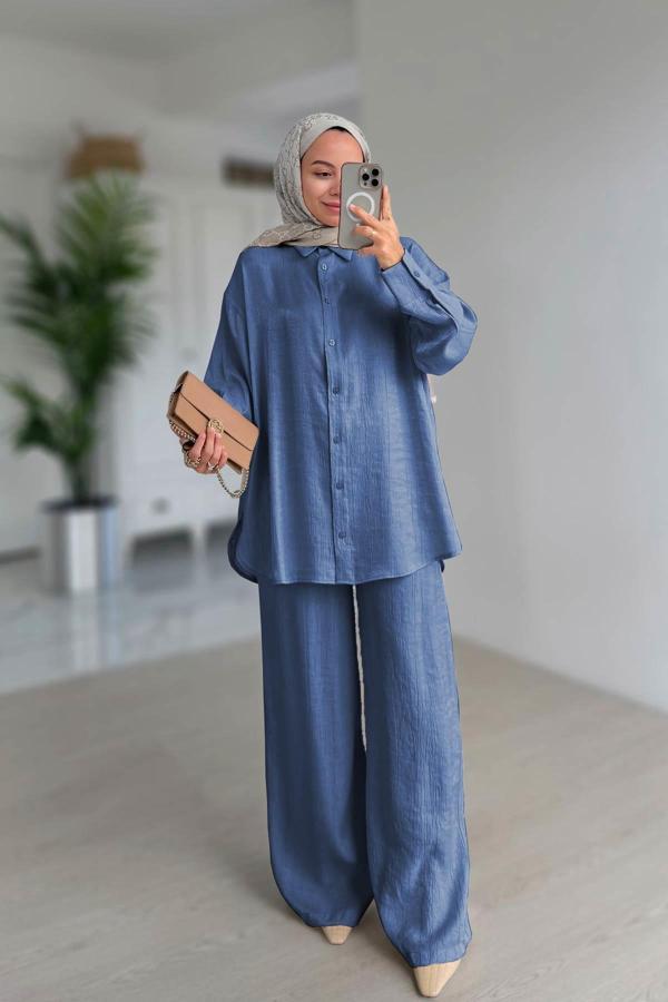 Parlak Dokulu Bol Kesim İkili Takım - Mavi - Image 1