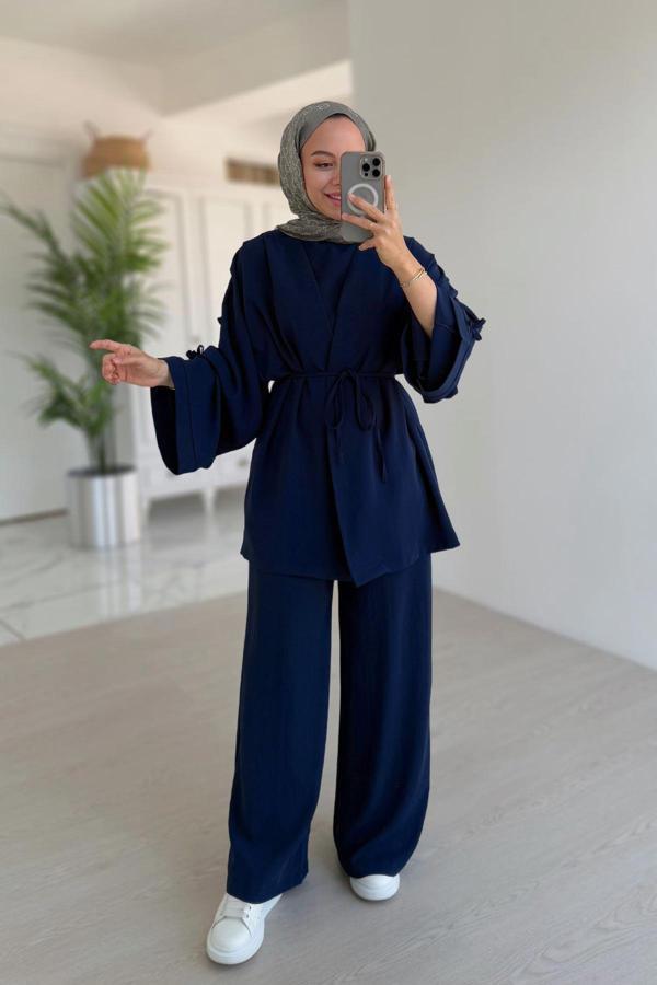 Kolları Fiyonk Detay Bağlamalı Üçlü Takım - Lacivert - Image 1