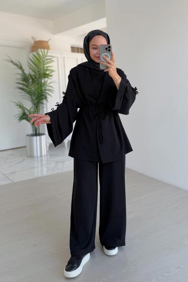 Kolları Fiyonk Detay Bağlamalı Üçlü Takım - Siyah - Image 1