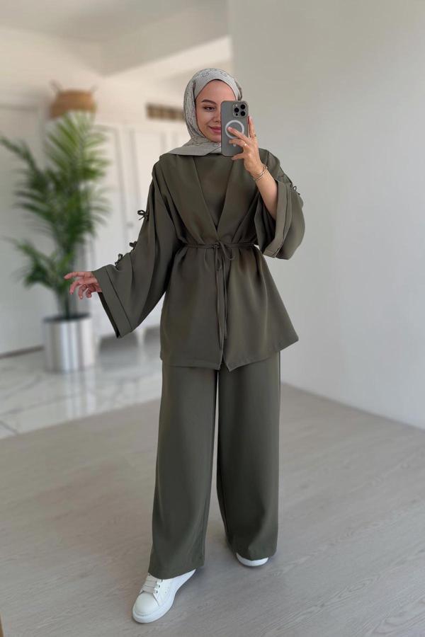 Kolları Fiyonk Detay Bağlamalı Üçlü Takım - Haki - Image 1