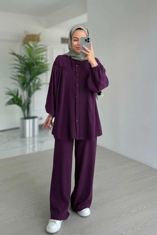 Işıltılı Pilise Detaylı Takım - Mor - Image 1