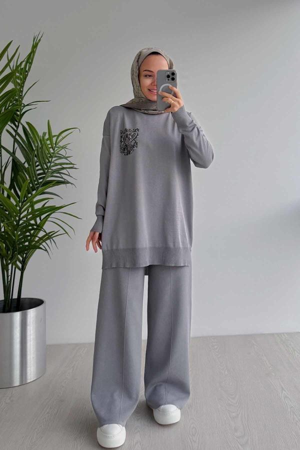 Taşlı Cep Merserize Takım - Gri - Image 1
