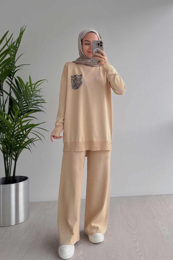 Taşlı Cep Merserize Takım - Sütlü Kahve - Image 1