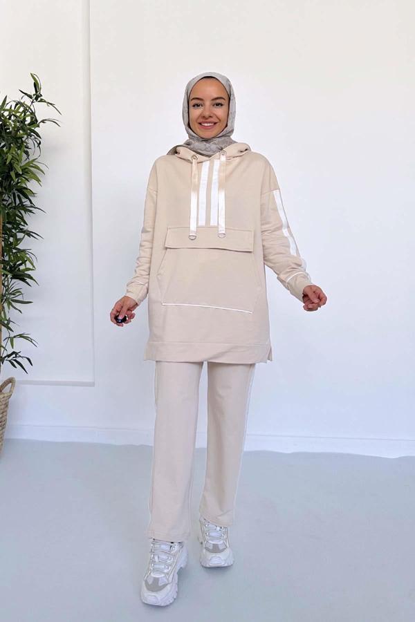 Kanguru Cep Şerit Detay İki İplik Takım - Bej - Image 1