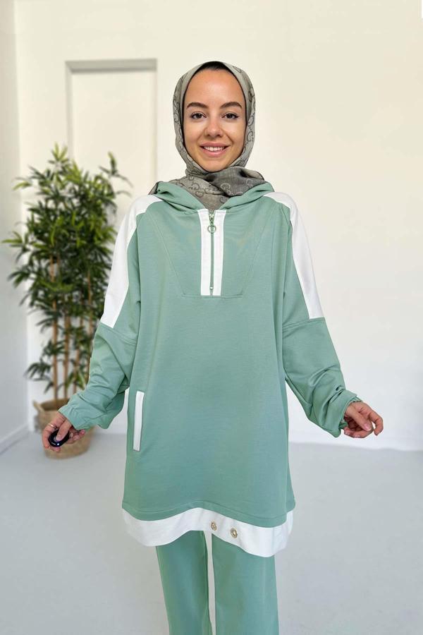 Kapüşon Detay İki İplik Takım - Yeşil - Image 1