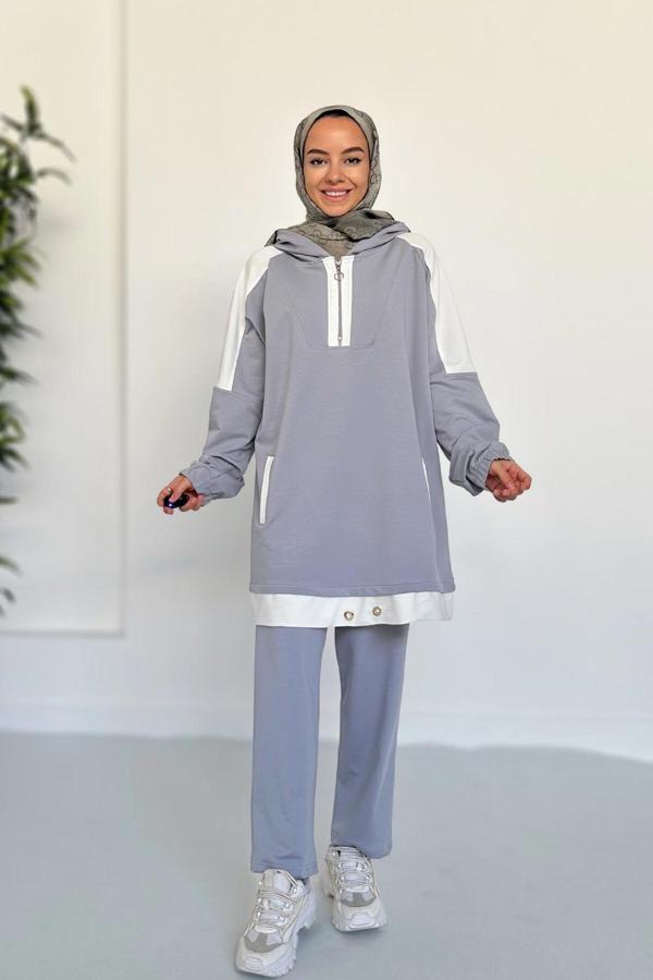Kapüşon Detay İki İplik Takım - Gri - Image 1