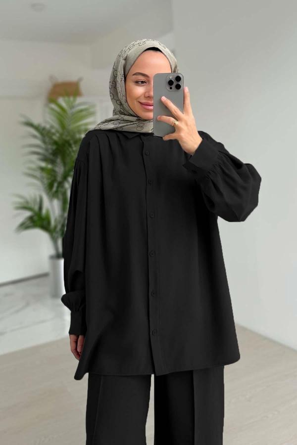 Pile Detaylı İkili Takım - Siyah - Image 1