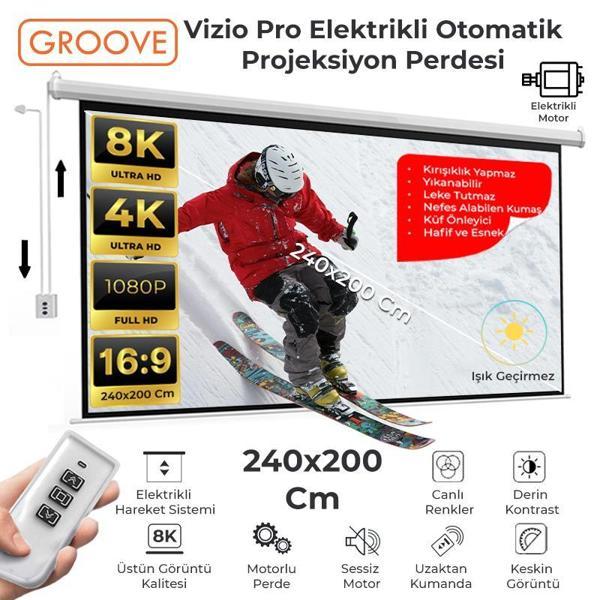 Groove Vizio Pro 240x200cm Blackout Işık Geçirmez Elektrikli Otomatik Kumandalı Projeksiyon Perdesi+Motorlu+CanlıRenkler - Image 1