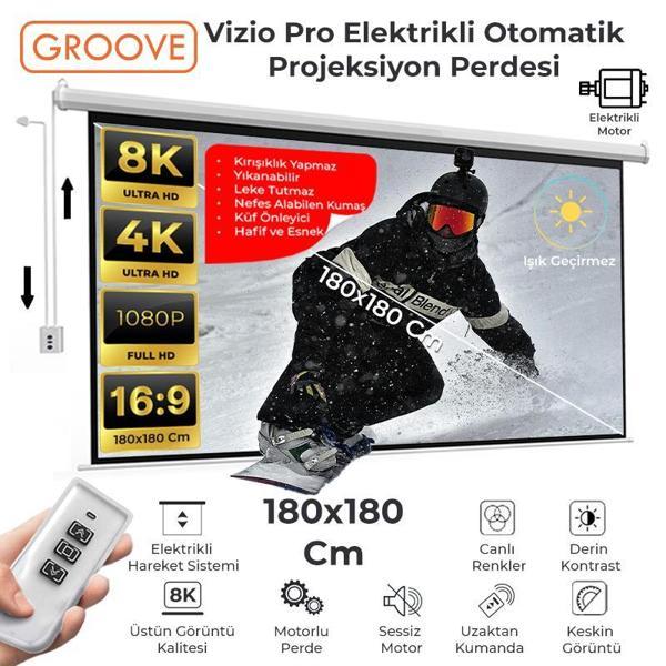 Groove Vizio Pro 180x180cm Blackout Işık Geçirmez Elektrikli Otomatik Kumandalı Projeksiyon Perdesi+Motorlu+CanlıRenkler - Image 1