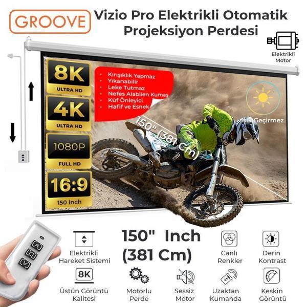 Groove Vizio Pro 150¨ Inch Blackout Işık Geçirmez Elektrikli Otomatik Kumandalı Projeksiyon Perdesi 332x188cm +Motorlu - Image 1