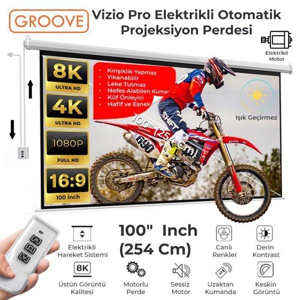 Groove Vizio Pro 100¨ Inch Blackout Işık Geçirmez Elektrikli Otomatik Kumandalı Projeksiyon Perdesi 220x125cm +Motorlu - Image 1