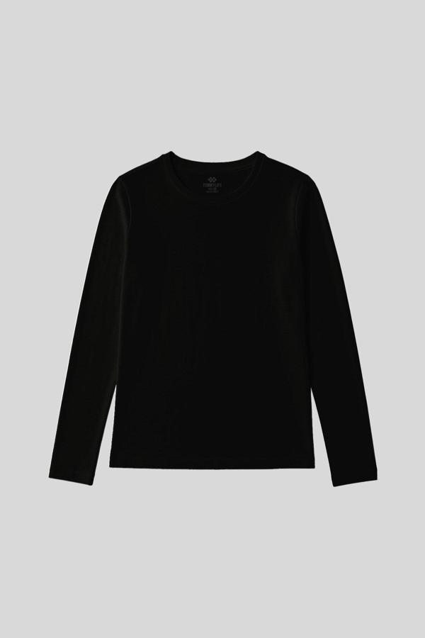 Siyah O Yaka Standart Fit Uzun Kollu Basic Kadın T-Shirt - 97312 - Image 1