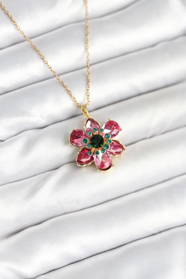 316L Çelik Zincirli Pembe Çiçek Model Kadın Kolye - Image 1