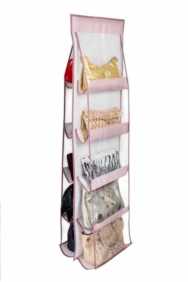 10 Bölmeli Dolap İçi Çanta Organizeri - Pembe Çizgili - Image 1