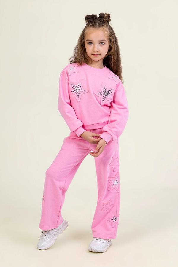 Kız Çocuk Yıldız Pul  İşlemeli 2’li Takım – Pembe Sweatshirt & Alt Eşofman-9841 - Image 1