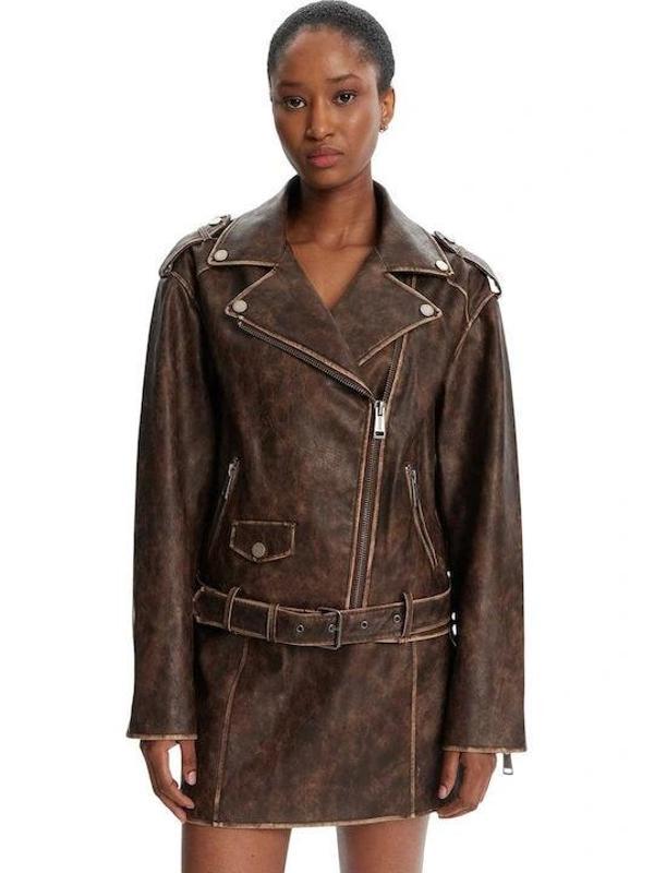 Guess Charlene Kadın Kahverengi Biker Ceket W5YL04WHDI0-F1GQ - Image 1