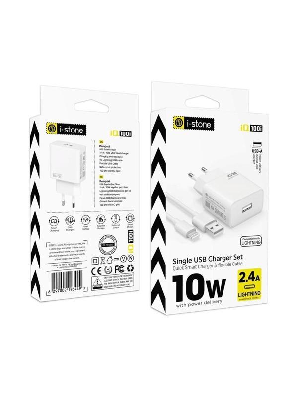 Iq 100I 2.4A Şarj Adaptörü + Lightning USB Kablo Beyaz - Image 1