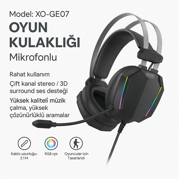 GE07 RGB Işıklı Mikrofonlu Oyuncu Kulaklığı – 3D Surround Ses, PC Uyumlu Kablolu - Image 1
