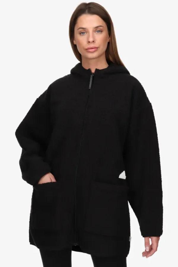 Adidas Polar Fleece Full Zİp Long Hoodie Kadın Çift Taraflı Bol Kesim Kapüşonlu Uzun Polar Sweatshirt Siyah - Image 1