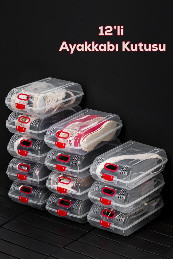 Porsima 204-12 Kadın ve Çocuk Ayakkabı Saklama Kutusu - Şeffaf Pratik Ayakkabı Kabı Düzenleyici Saklama Seti 12 Adet - Image 1