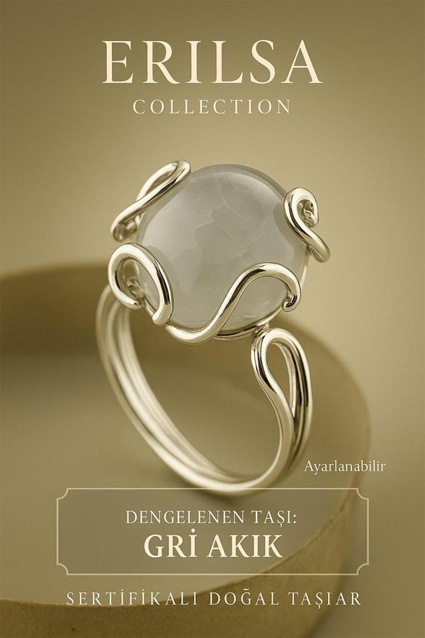 Sertifikalı Doğal Gri Akik Taşı Yüzük – Ayarlanabilir Şık Tasarım – Denge ve Enerji - Image 1