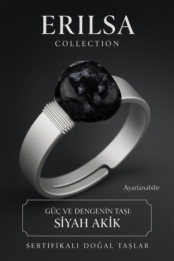 Sertifikalı Doğal Siyah Akik Taşı Yüzük – Ayarlanabilir Kalın Tımbıl Kasa - Image 1