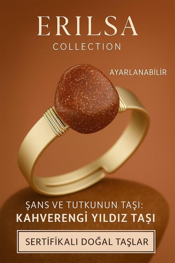 Sertifikalı Kahverengi Yıldız Taşı Yüzük – Ayarlanabilir Doğal Taş Kalın Tımbıl Kasa - Image 1