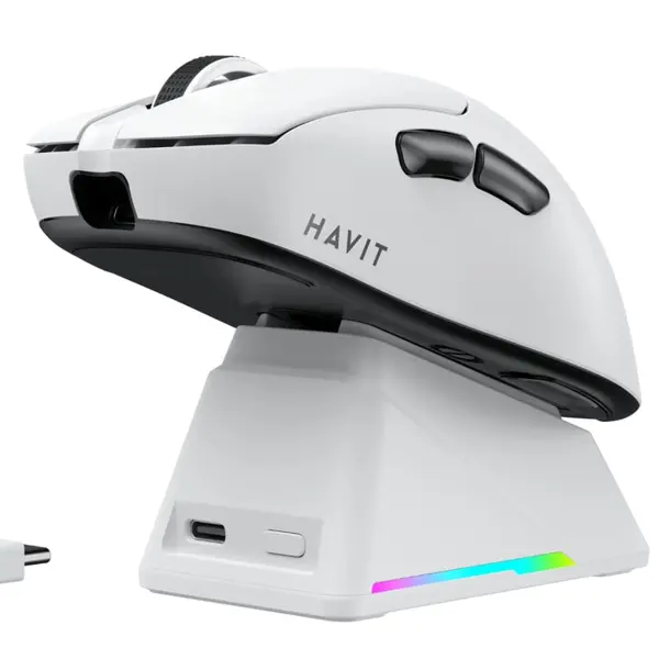Havit Gamenote MS955WB Pro RGB Wireless Gaming Mouse 3 Modlu + Şarj İstasyonu - Beyaz - Image 1