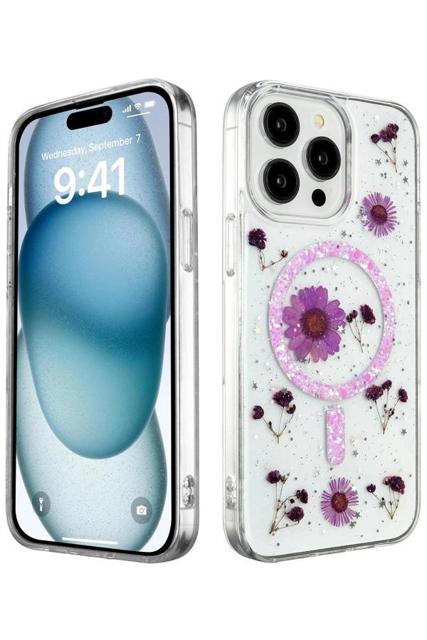 iPhone 15 Pro Kılıf Daisy Simli Magsafe Kapak - Mor - Image 1