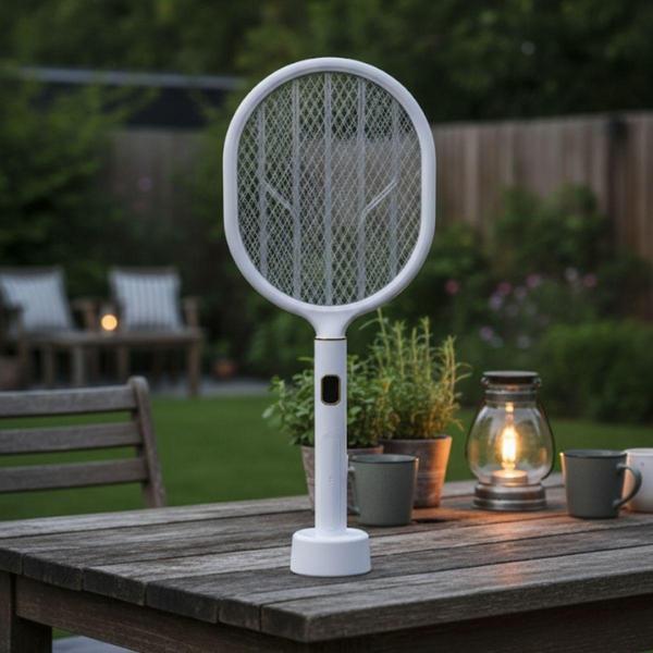 BUFFER® USB Şarjlı Beyaz Renk Kendiliğinden Standlı Şarj Göstergeli UV Işıklı Sinek Öldürme Raketi L - Image 1