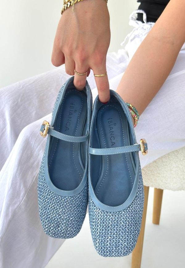 Mavi Cilt Hasır Dokumalı Babet Ayakkabı - Image 1